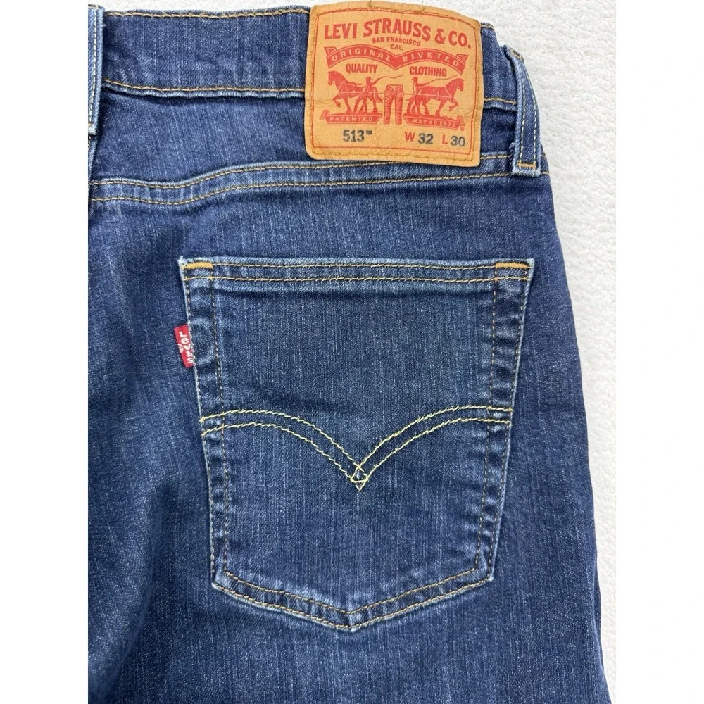 Levis 513 Jeans Men 32x30 Blue Slim Straight Stretch Whisker Distress Denim